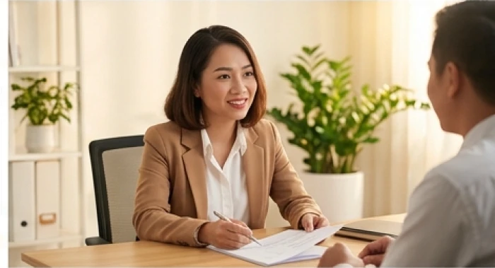 Nữ nhân viên văn phòng thân thiện đang tư vấn cho đối tác tại bàn làm việc