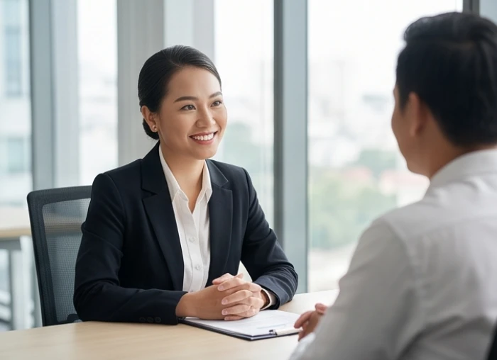 Chuyên viên tư vấn tài chính đang lắng nghe và giải thích giải pháp đầu tư cho đối tác tại văn phòng dịch vụ cao cấp