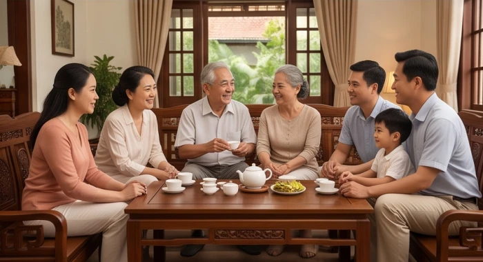Gia đình Bính Ngọ 62 tuổi sum vầy uống trà trò chuyện vui vẻ cùng con cháu trong phòng khách ấm cúng