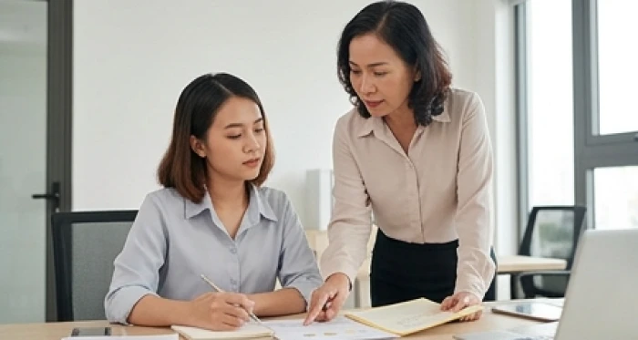 Nữ nhân viên trẻ tuổi Bính Tuất lắng nghe chia sẻ kinh nghiệm chuyên môn từ người đồng nghiệp nữ tiền bối