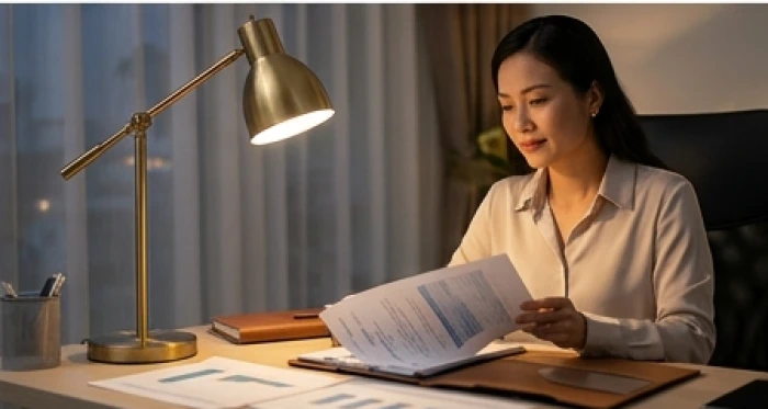 Người phụ nữ thận trọng kiểm tra hồ sơ đầu tư và danh mục tài sản trong không gian làm việc tĩnh lặng năm Bính Ngọ