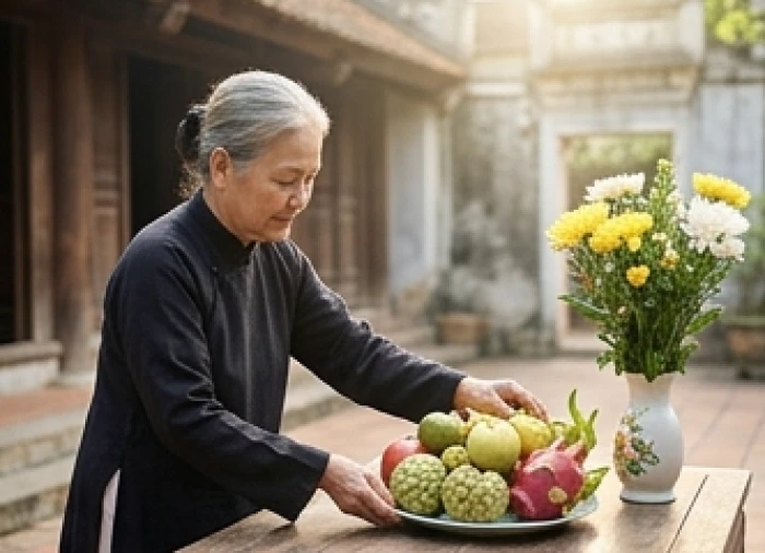 Người lớn tuổi tuổi mậu tuất 1958 chuẩn bị lễ vật cúng giải hạn đầu năm trang trọng tại nhà