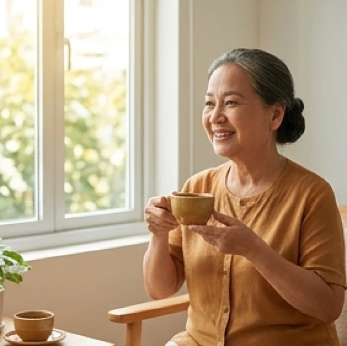 Bà cụ cười ấm áp thưởng trà bên con cháu trong phòng khách hạnh phúc dịp cuối tuần