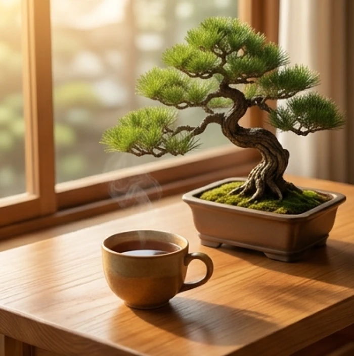 Góc làm việc tĩnh lặng bên chậu cây bonsai xanh tốt tượng trưng cho sự kiên trì và điềm đạm