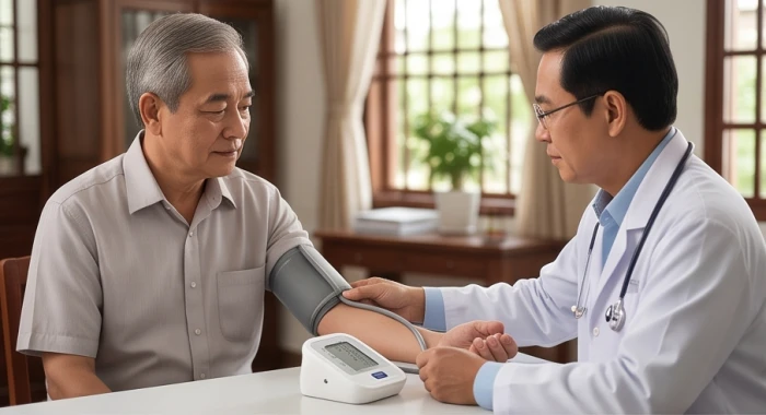 Người đàn ông Bính Ngọ 62 tuổi được bác sĩ kiểm tra chỉ số huyết áp định kỳ trong phòng khám khang trang