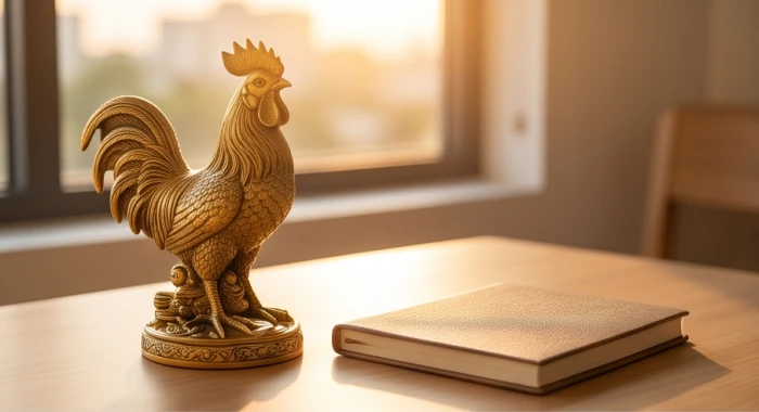 Góc làm việc gọn gàng với sổ tay và tượng gà trống đại diện cho tử vi tuổi Quý Dậu 1993 năm 2026