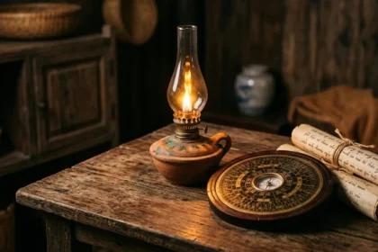 Sách phong thủy và la bàn xem tử vi trọn đời tuổi ất tỵ 1965 nữ mạng trên bàn gỗ