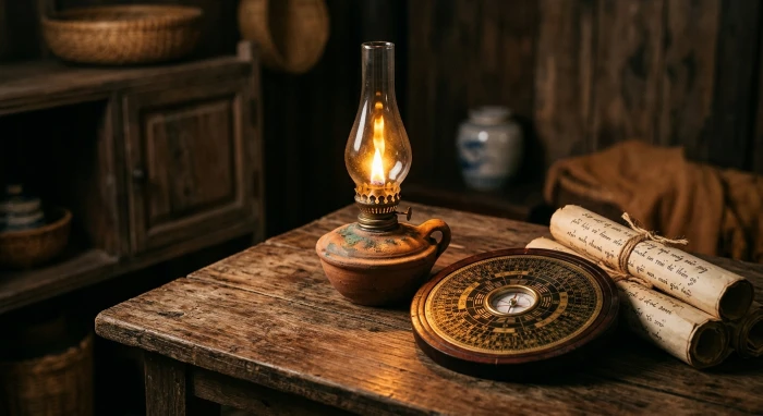 Sách phong thủy và la bàn xem tử vi trọn đời tuổi ất tỵ 1965 nữ mạng trên bàn gỗ