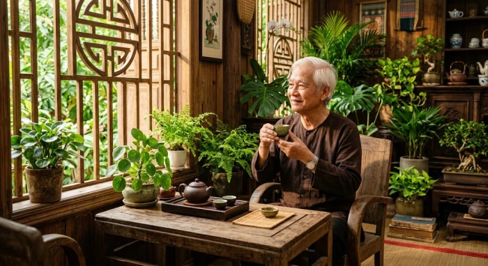 Không gian phòng khách ấm cúng và bình yên tượng trưng cho hậu vận tử vi trọn đời tuổi bính thân 1956 nam mạng