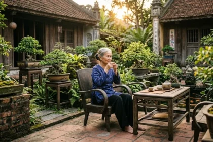 Người phụ nữ lớn tuổi đang thư giãn tĩnh tâm phản ánh tử vi trọn đời tuổi bính thân 1956 nữ mạng thời hậu vận