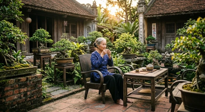 Người phụ nữ lớn tuổi đang thư giãn tĩnh tâm phản ánh tử vi trọn đời tuổi bính thân 1956 nữ mạng thời hậu vận