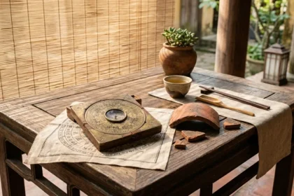 Biểu đồ phong thủy và lá số tử vi trọn đời tuổi bính tuất 1946 nữ mạng đặt trên bàn trà gỗ truyền thống