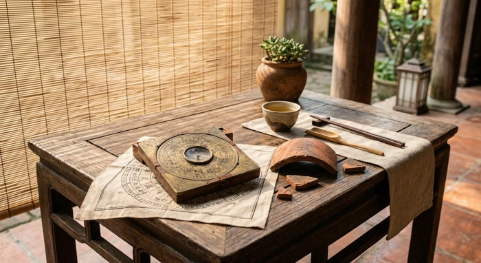 Biểu đồ phong thủy và lá số tử vi trọn đời tuổi bính tuất 1946 nữ mạng đặt trên bàn trà gỗ truyền thống
