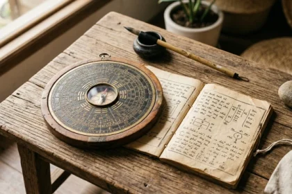 Cuốn sách phong thủy cổ với biểu tượng la bàn thể hiện tử vi trọn đời tuổi canh ngọ 1990 nữ mạng