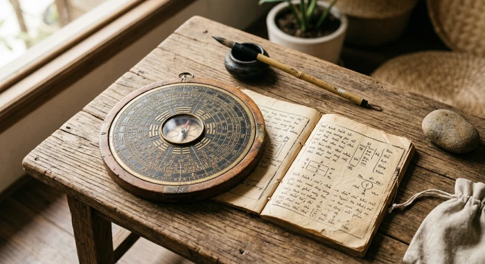 Cuốn sách phong thủy cổ với biểu tượng la bàn thể hiện tử vi trọn đời tuổi canh ngọ 1990 nữ mạng
