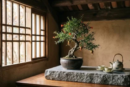 Bức ảnh nghệ thuật cây lựu đá bonsai tượng trưng cho tử vi trọn đời tuổi canh thân 1980 nữ mạng