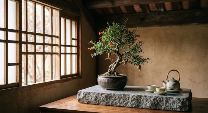 Bức ảnh nghệ thuật cây lựu đá bonsai tượng trưng cho tử vi trọn đời tuổi canh thân 1980 nữ mạng