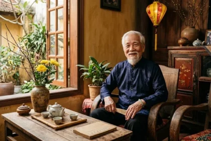 Người cao tuổi Canh Thìn 1940 nam mạng thư thái đọc sách trong phòng khách bài trí phong thủy hài hòa