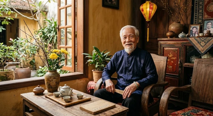 Người cao tuổi Canh Thìn 1940 nam mạng thư thái đọc sách trong phòng khách bài trí phong thủy hài hòa