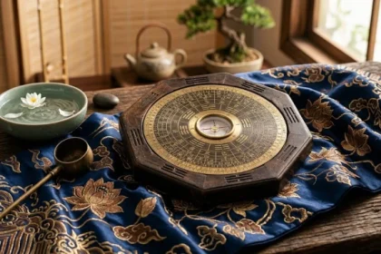 La bàn phong thủy trên nền lụa truyền thống tượng trưng cho tử vi trọn đời tuổi đinh mùi 1967 nữ mạng