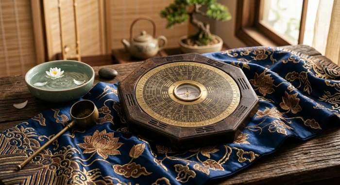 La bàn phong thủy trên nền lụa truyền thống tượng trưng cho tử vi trọn đời tuổi đinh mùi 1967 nữ mạng