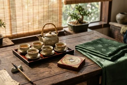 Sách tử vi trọn đời tuổi đinh sửu 1997 nữ mạng đặt cạnh la bàn phong thủy và tách trà truyền thống
