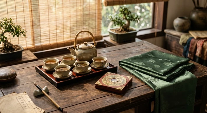 Sách tử vi trọn đời tuổi đinh sửu 1997 nữ mạng đặt cạnh la bàn phong thủy và tách trà truyền thống