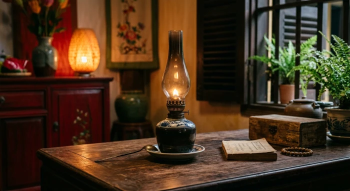 Không gian phong thủy ấm cúng với ngọn đèn thắp sáng đại diện cho tử vi trọn đời tuổi giáp thìn 1964 nữ mạng