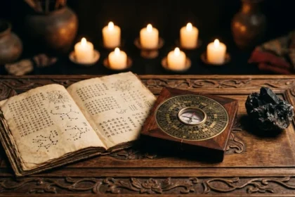 Sách tử vi trọn đời tuổi kỷ hợi 1959 nam mạng đặt trên bàn gỗ cổ điển cùng la bàn phong thủy và nến đen