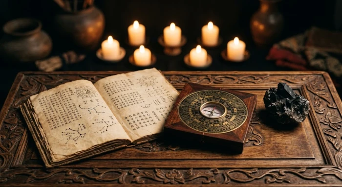 Sách tử vi trọn đời tuổi kỷ hợi 1959 nam mạng đặt trên bàn gỗ cổ điển cùng la bàn phong thủy và nến đen