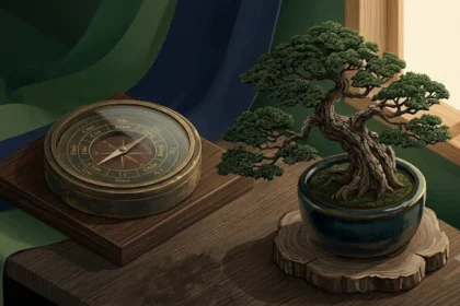 Hình ảnh minh họa phong thủy chi tiết cho tử vi trọn đời tuổi kỷ tỵ 1989 nữ mạng với la bàn và cây cổ thụ