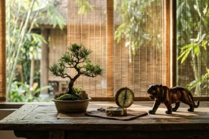 Sách phong thủy và la bàn cổ điển thể hiện tử vi trọn đời tuổi mậu dần 1998 nữ mạng trên bàn gỗ truyền thống