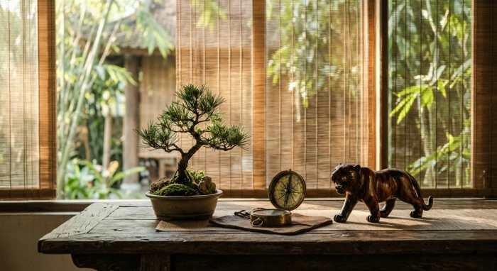 Sách phong thủy và la bàn cổ điển thể hiện tử vi trọn đời tuổi mậu dần 1998 nữ mạng trên bàn gỗ truyền thống