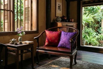 Không gian phòng khách Á Đông tĩnh lặng thể hiện sự an nhàn của tử vi trọn đời tuổi mậu thân 1968 nữ mạng
