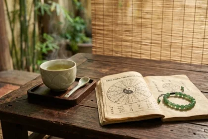 Cuốn sách tử vi trọn đời tuổi mậu thìn 1988 nữ mạng đặt cạnh tách trà sen và vòng tay phong thủy.