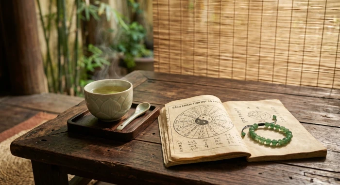 Cuốn sách tử vi trọn đời tuổi mậu thìn 1988 nữ mạng đặt cạnh tách trà sen và vòng tay phong thủy.