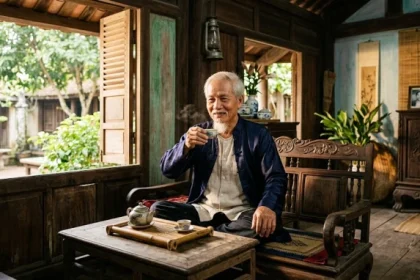 Hình ảnh ông lão thanh thản thưởng trà phản ánh hậu vận trong tử vi trọn đời tuổi mậu tuất 1958 nam mạng