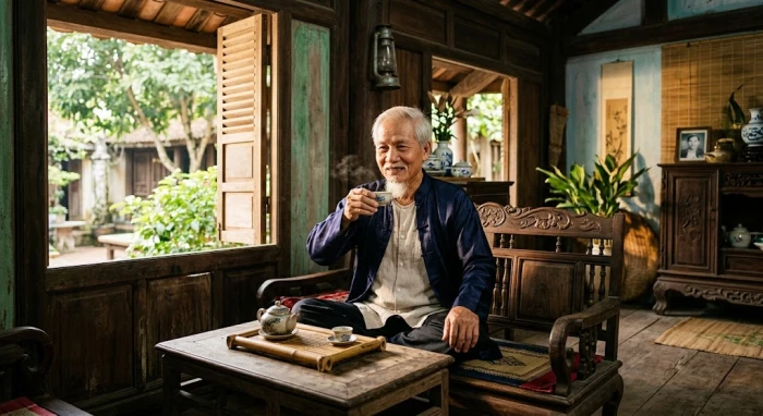 Hình ảnh ông lão thanh thản thưởng trà phản ánh hậu vận trong tử vi trọn đời tuổi mậu tuất 1958 nam mạng
