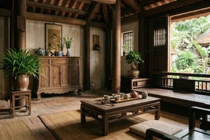 Không gian phong thủy phòng khách với gam màu xanh mộc giúp cân bằng tử vi trọn đời tuổi mậu tý 1948 nam mạng