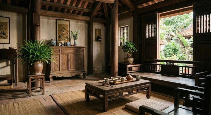 Không gian phong thủy phòng khách với gam màu xanh mộc giúp cân bằng tử vi trọn đời tuổi mậu tý 1948 nam mạng