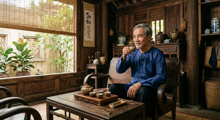 Bố cục không gian bàn trà sinh hoạt hợp phong thủy theo tử vi trọn đời tuổi nhâm dần 1962 nam mạng lúc xế chiều