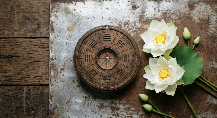 Sách cổ và la bàn phong thủy đại diện cho tử vi trọn đời tuổi quý mão 1963 nữ mạng trong không gian truyền thống Việt Nam