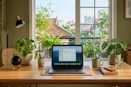 Bàn làm việc phong thủy hợp tử vi trọn đời tuổi quý mùi 2003 nữ mạng với quả cầu thạch anh đen và cây xanh