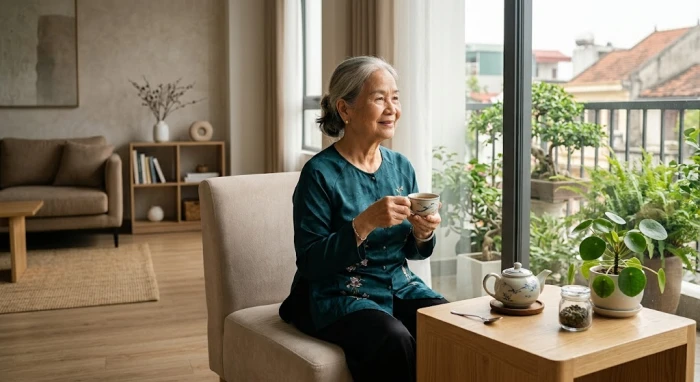 Cụ bà lớn tuổi thư thái uống trà trong không gian phong thủy tốt ứng với tử vi trọn đời tuổi quý tỵ 1953 nữ mạng