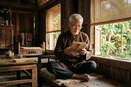 Người cao tuổi đang xem sách tử vi tuổi ất mùi 1955 năm 2026 bên ấm trà truyền thống Việt Nam