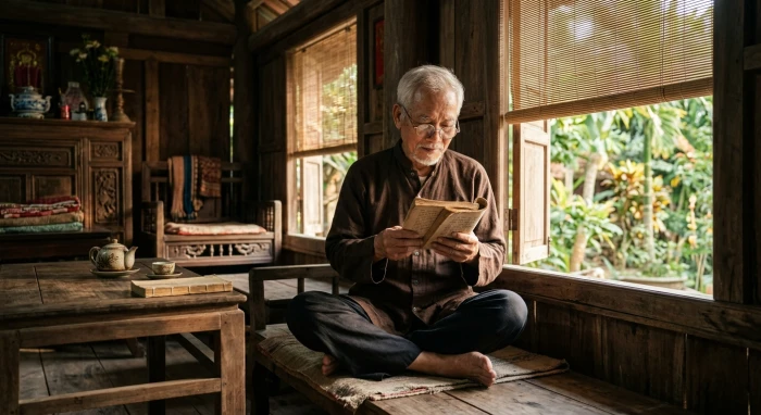 Người cao tuổi đang xem sách tử vi tuổi ất mùi 1955 năm 2026 bên ấm trà truyền thống Việt Nam