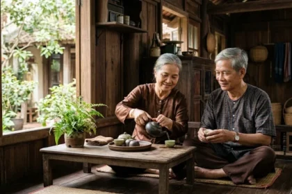 Khung cảnh người cao tuổi an nhiên thưởng trà và tham khảo tử vi tuổi Ất Mùi 1955 năm 2027