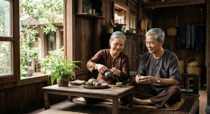 Khung cảnh người cao tuổi an nhiên thưởng trà và tham khảo tử vi tuổi Ất Mùi 1955 năm 2027