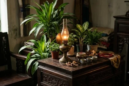 Ngọn đèn dầu truyền thống bằng đồng đặt cạnh mảng xanh mộc góc phòng biểu tượng cho tử vi tuổi ất tỵ 1965 năm 2027