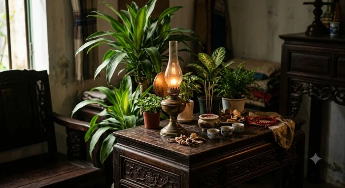 Ngọn đèn dầu truyền thống bằng đồng đặt cạnh mảng xanh mộc góc phòng biểu tượng cho tử vi tuổi ất tỵ 1965 năm 2027